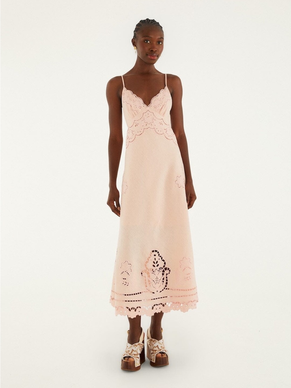 Farm Rio Richelieu Floral Embroidery Linen Slipdress
